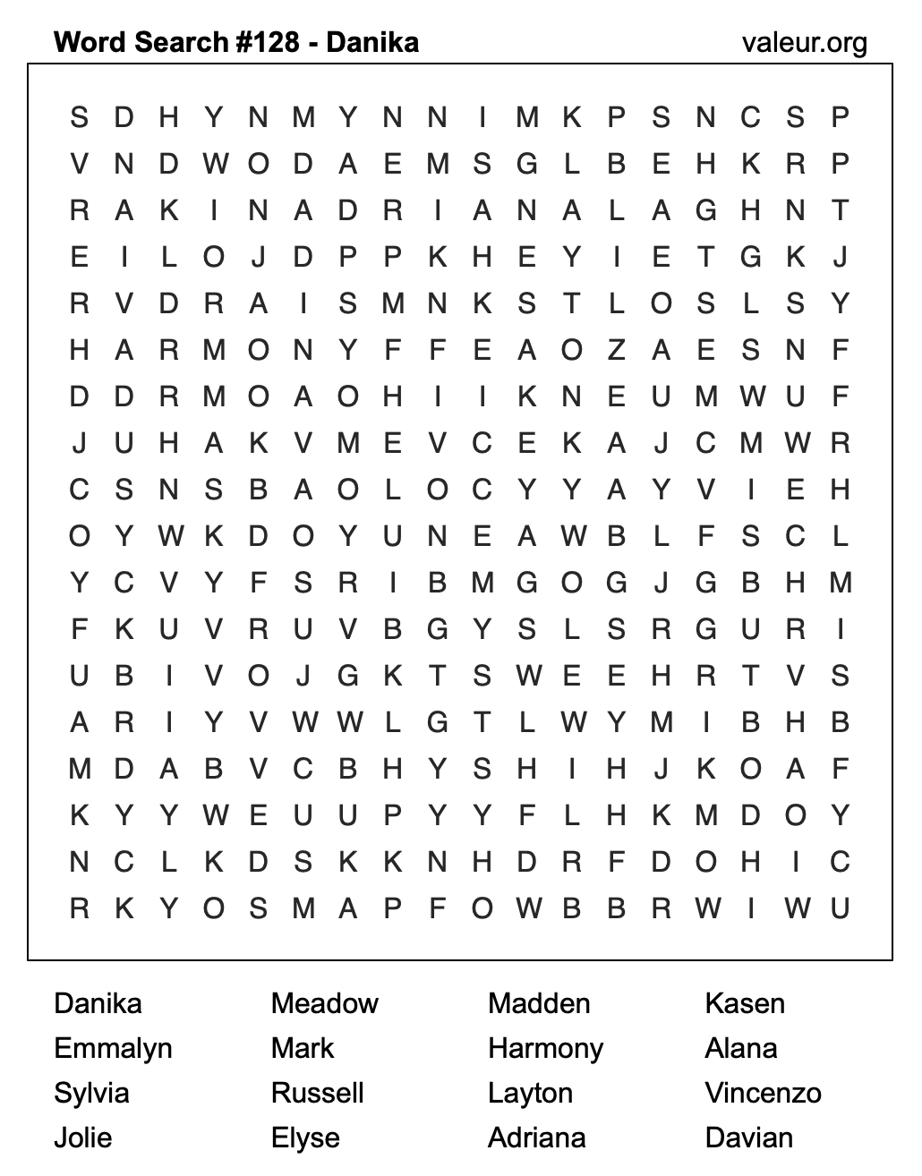 Word Search Puzzle with the name Danika #128