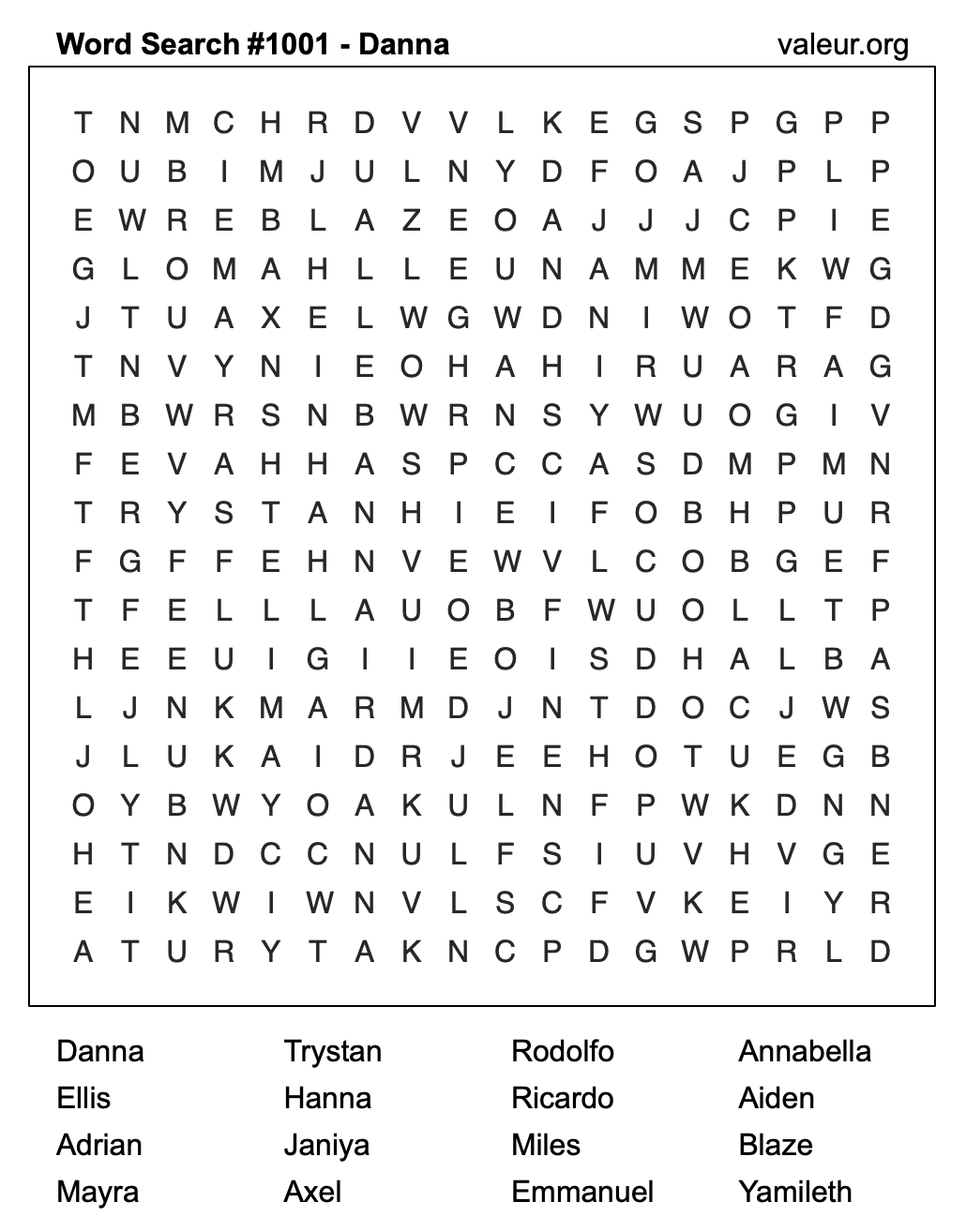 Word Search Puzzle with the name Danna #1001