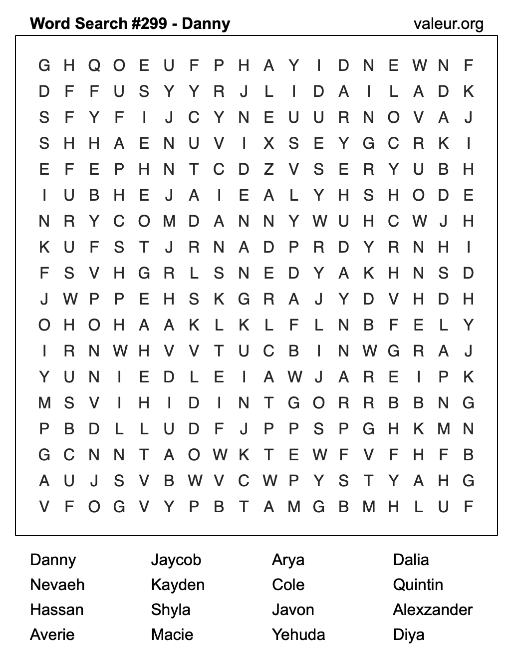 Word Search Puzzle with the name Danny #299