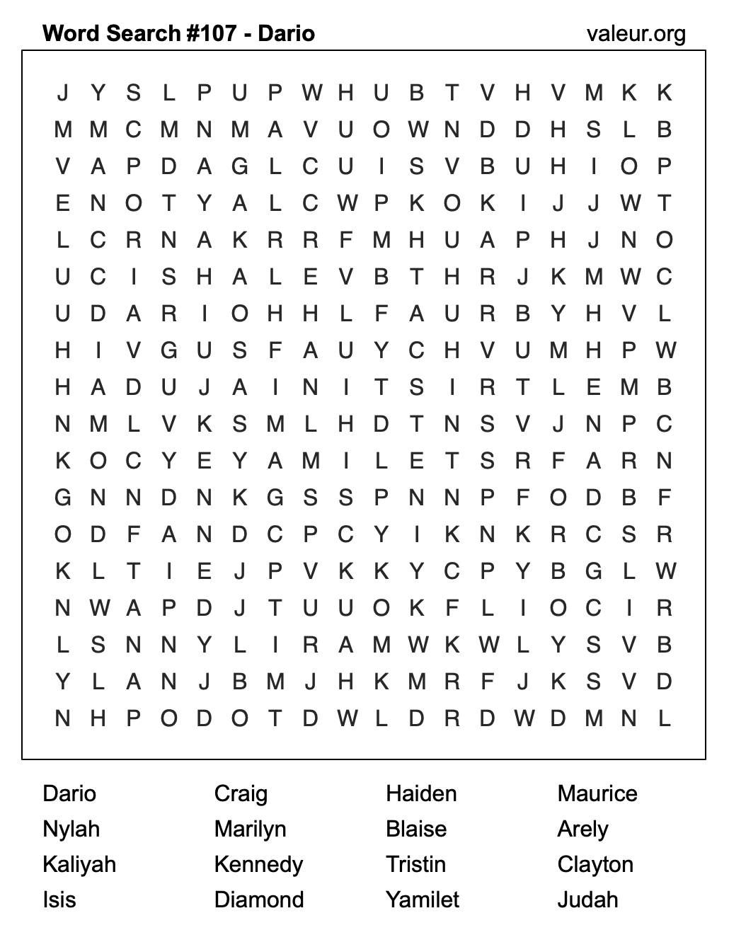 Word Search Puzzle with the name Dario #107