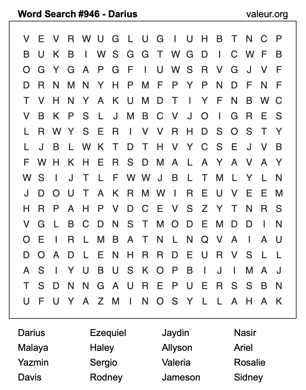 Word Search Puzzle with the name Darius #946