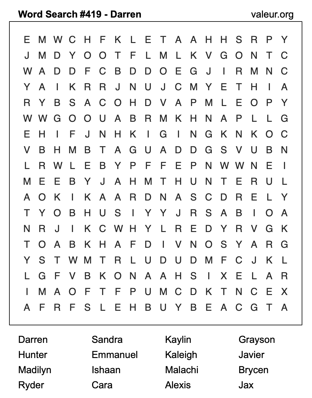 Word Search Puzzle with the name Darren #419