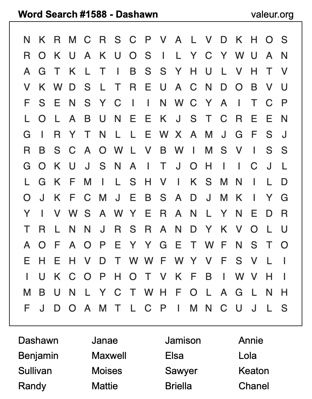 Word Search Puzzle with the name Dashawn #1588