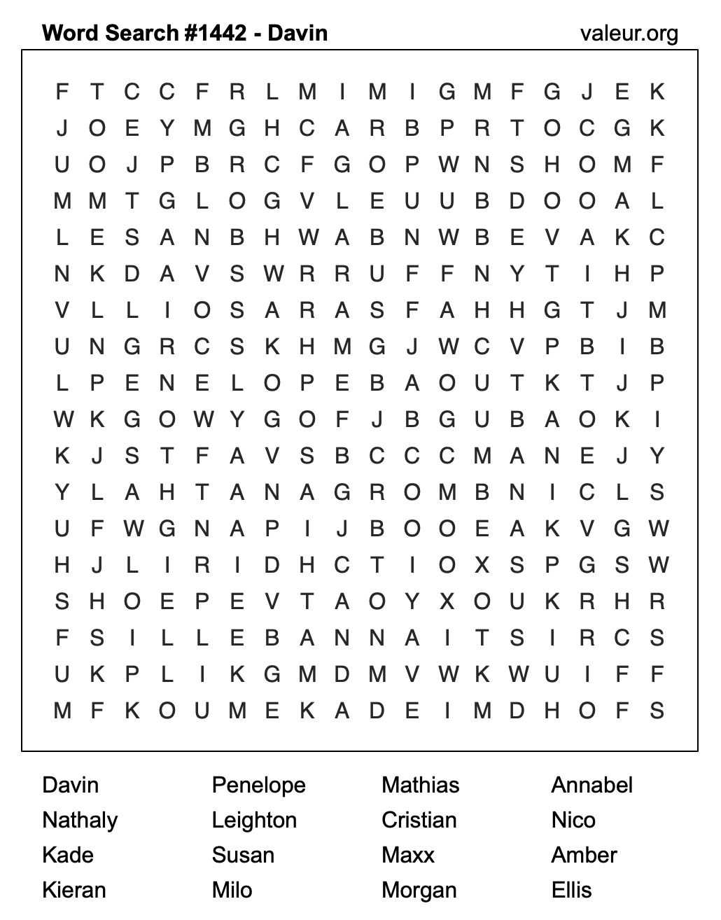 Word Search Puzzle with the name Davin #1442