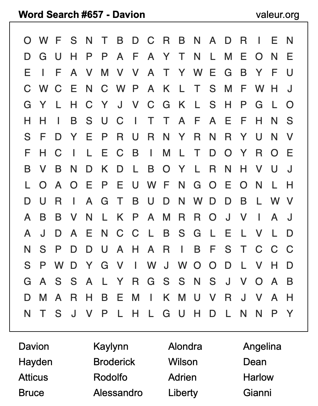 Word Search Puzzle with the name Davion #657