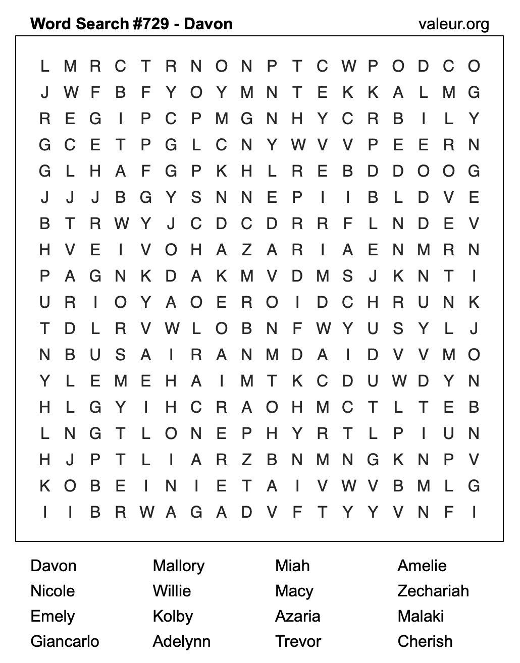 Word Search Puzzle with the name Davon #729 Word Search Puzzle with the name Davon #729