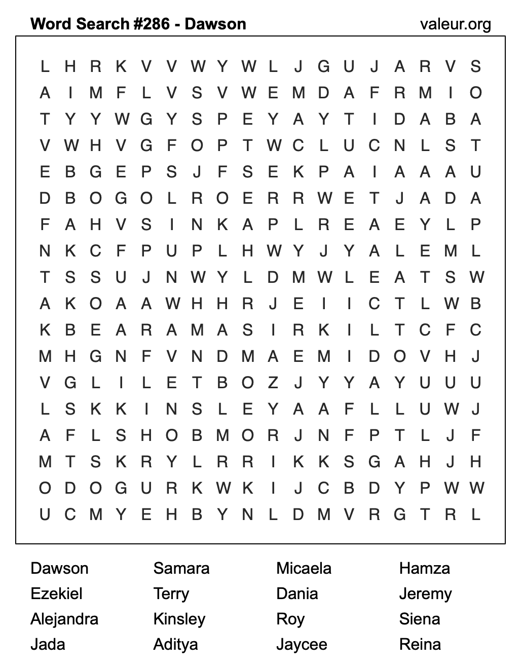 Word Search Puzzle with the name Dawson #286