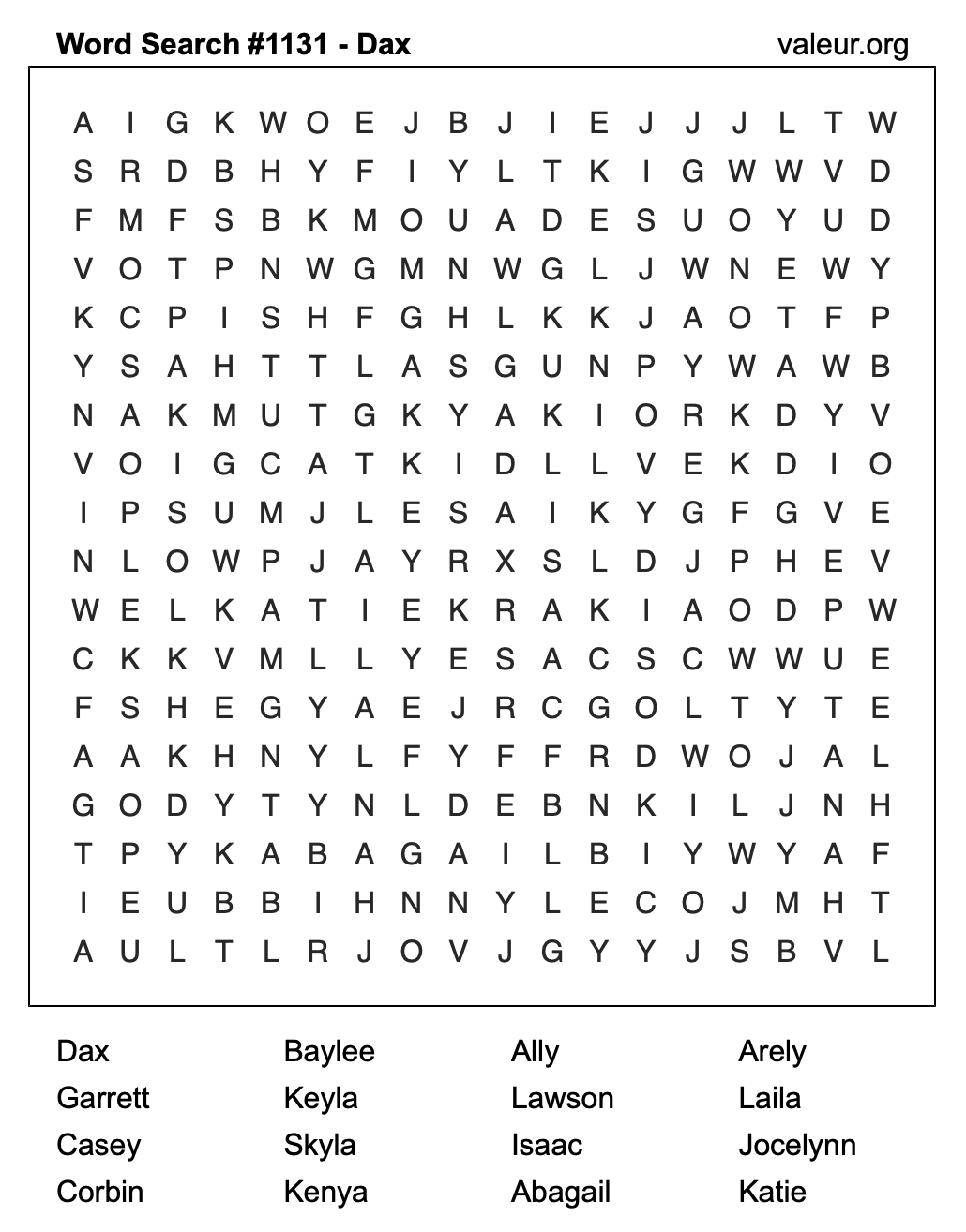 Word Search Puzzle with the name Dax #1131