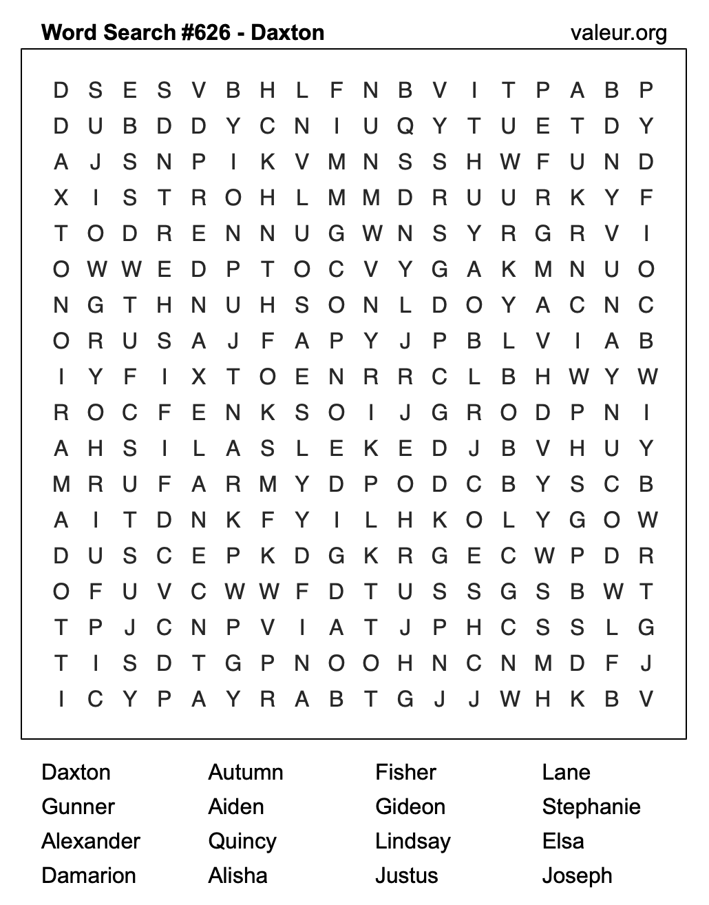 Word Search Puzzle with the name Daxton #626