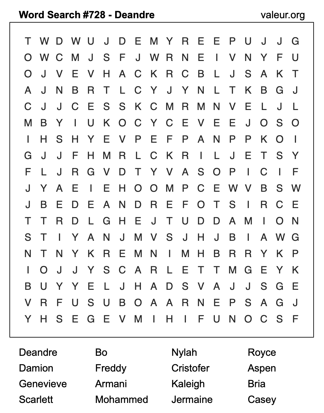 Word Search Puzzle with the name Deandre #728 Word Search Puzzle with the name Deandre #728