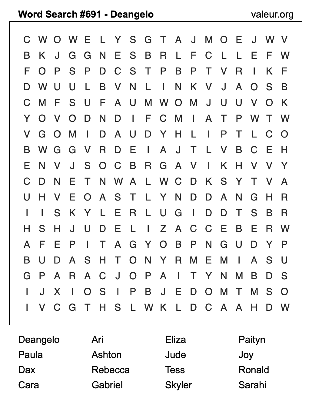 Word Search Puzzle with the name Deangelo #691