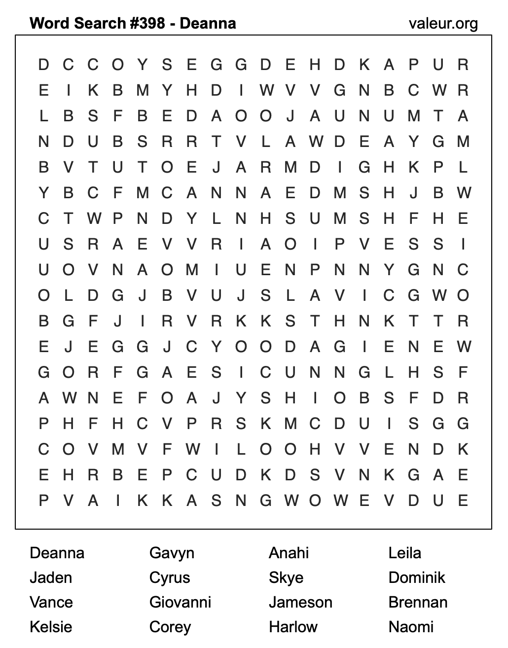Word Search Puzzle with the name Deanna #398 Word Search Puzzle with the name Deanna #398