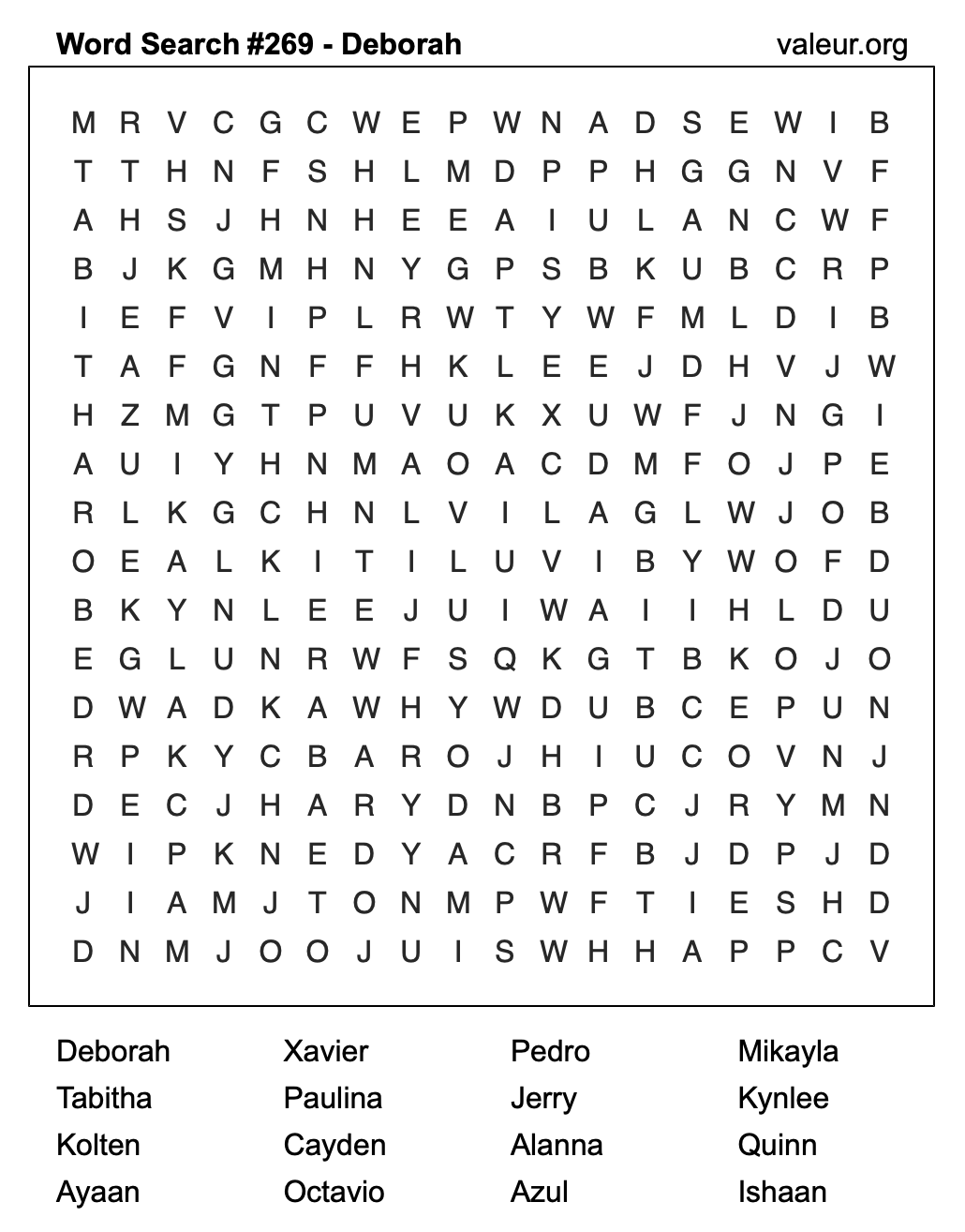 Word Search Puzzle with the name Deborah #269