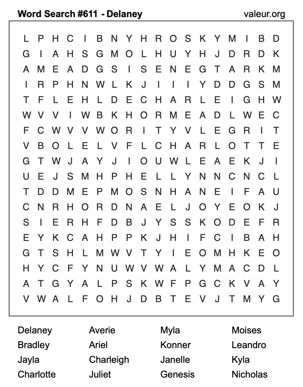 Word Search Puzzle with the name Delaney #611