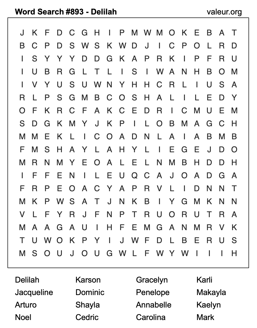 Word Search Puzzle with the name Delilah #893