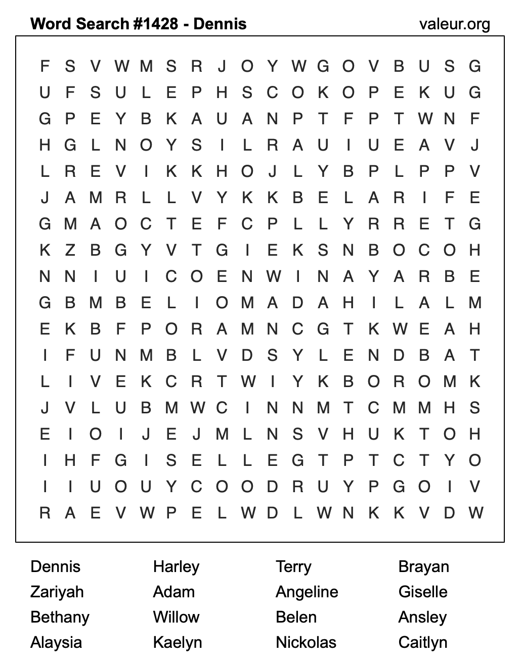 Word Search Puzzle with the name Dennis #1428