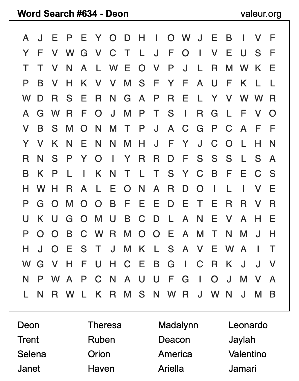 Word Search Puzzle with the name Deon #634 Word Search Puzzle with the name Deon #634