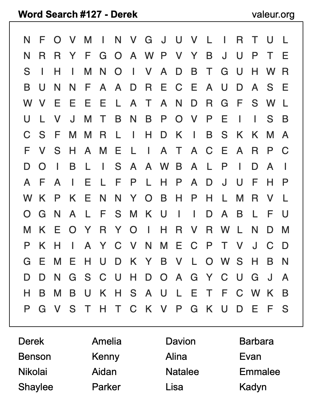 Word Search Puzzle with the name Derek #127
