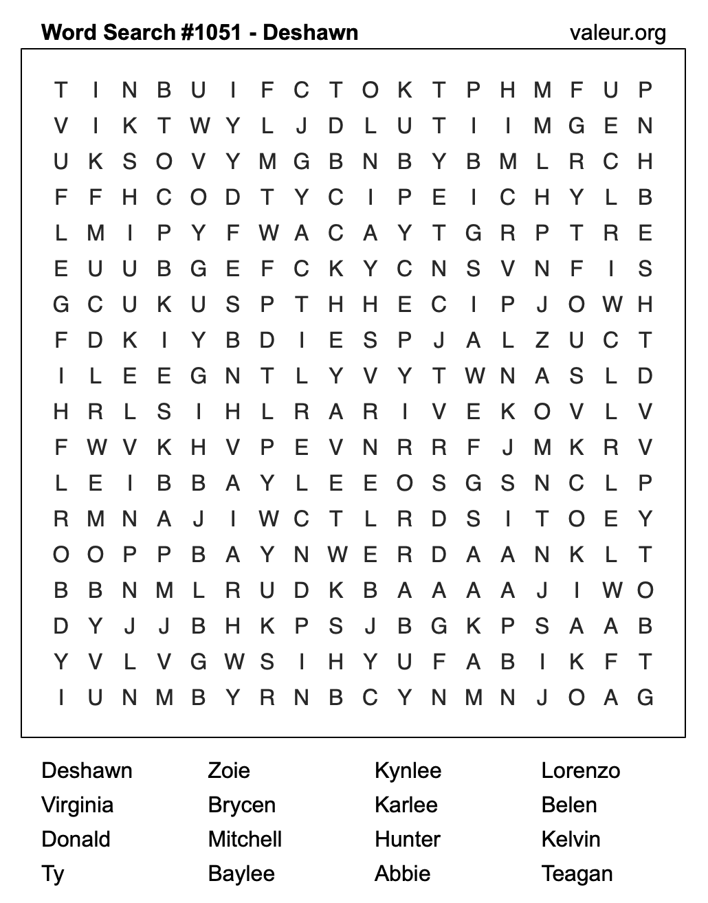 Word Search Puzzle with the name Deshawn #1051
