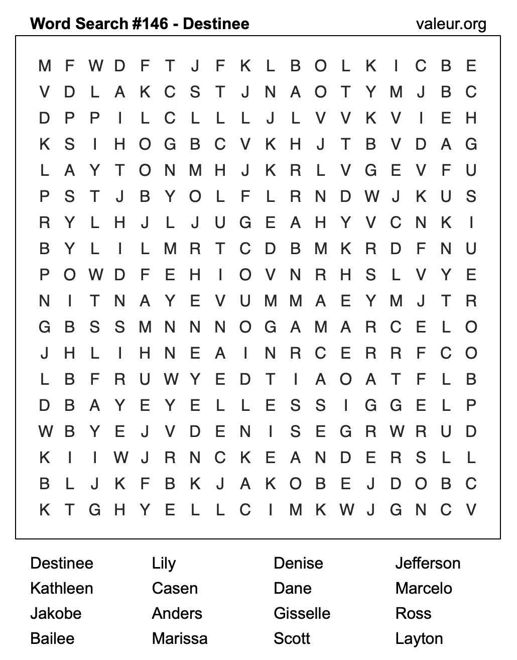 Word Search Puzzle with the name Destinee #146