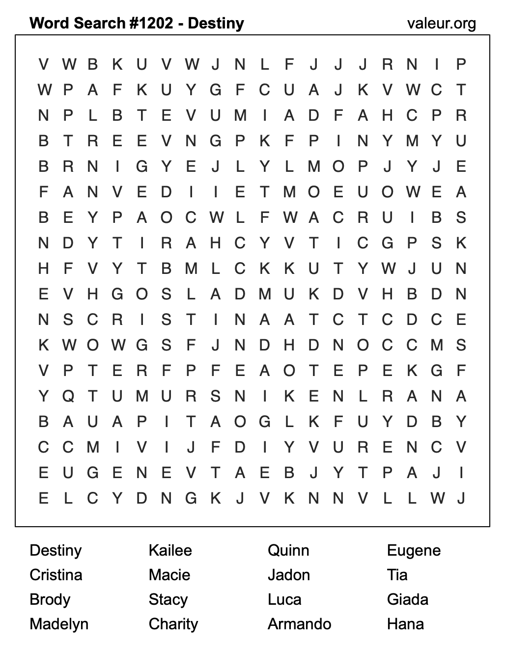 Word Search Puzzle with the name Destiny #1202