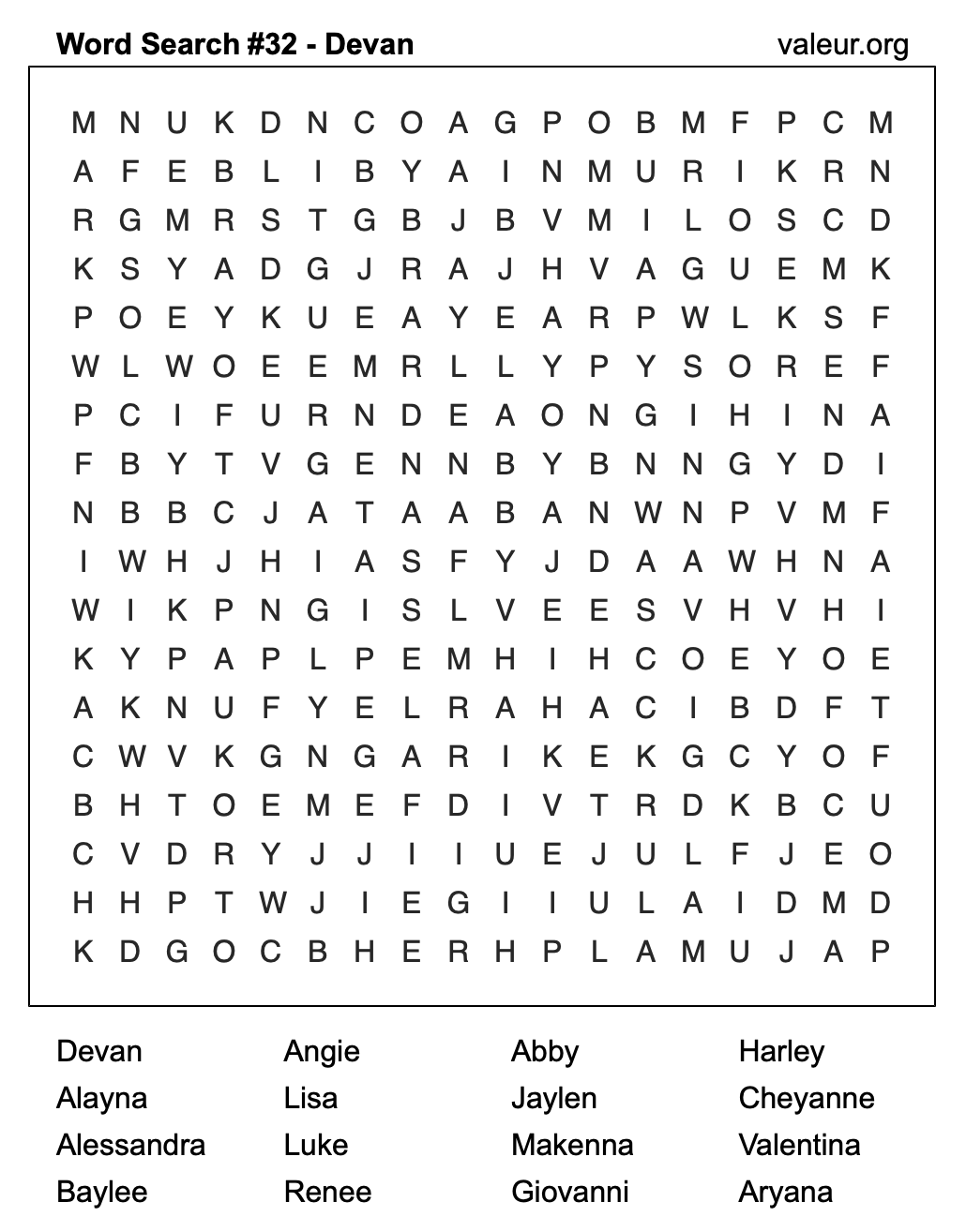 Word Search Puzzle with the name Devan #32
