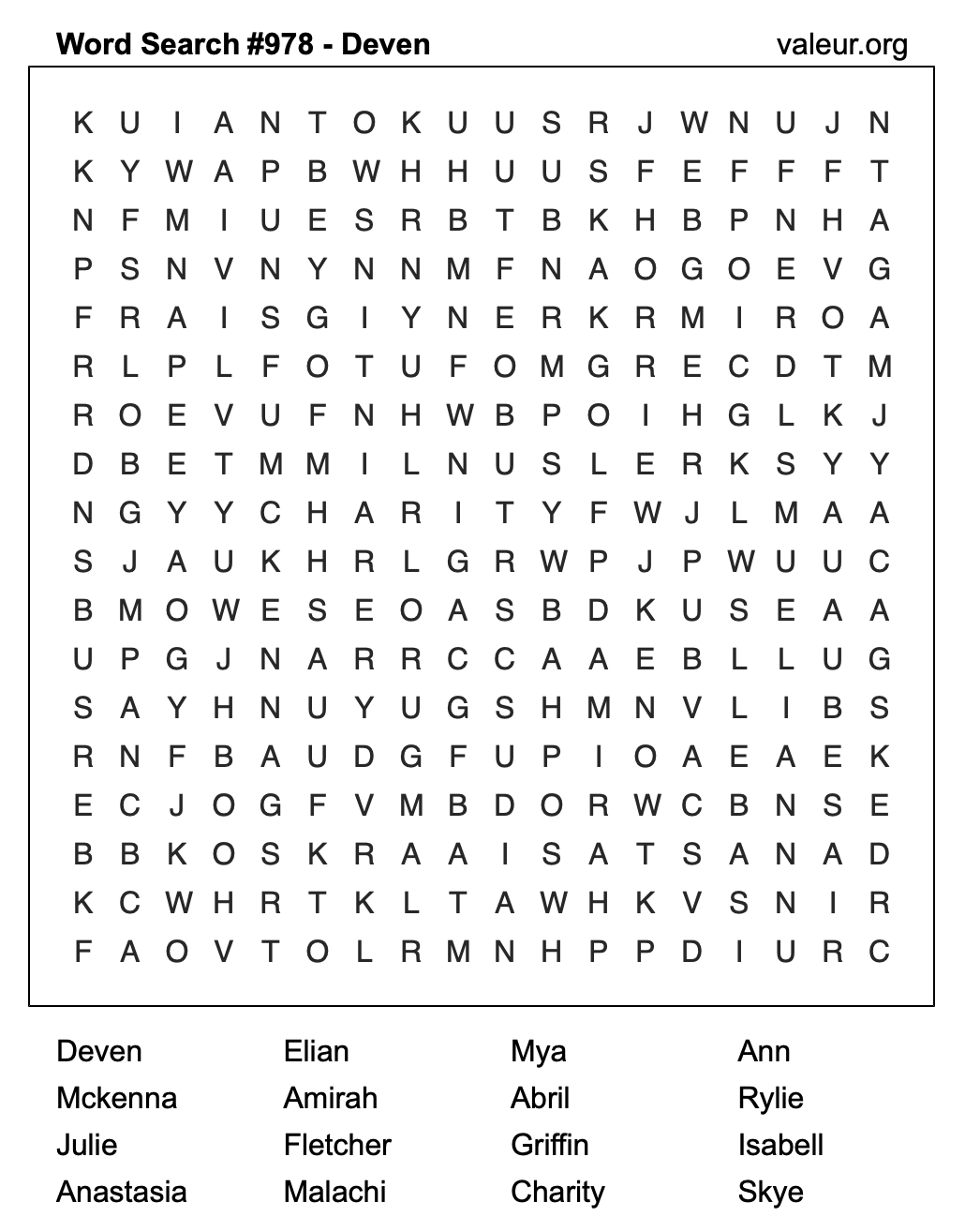 Word Search Puzzle with the name Deven #978