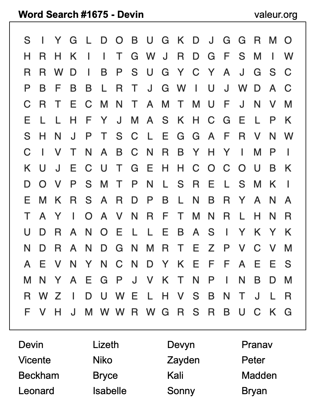Word Search Puzzle with the name Devin #1675 Word Search Puzzle with the name Devin #1675