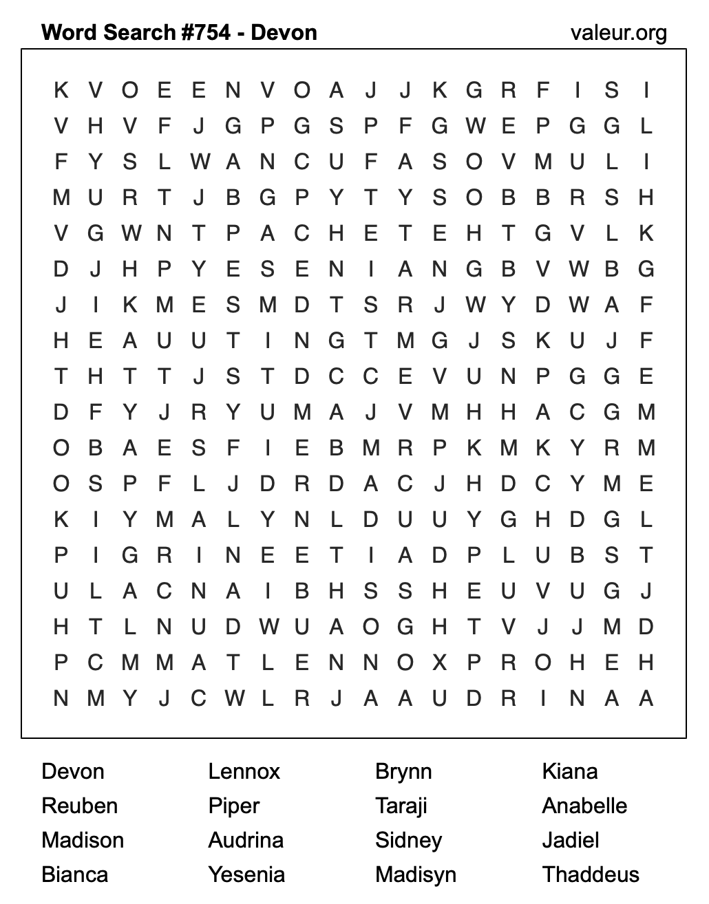 Word Search Puzzle with the name Devon #754 Word Search Puzzle with the name Devon #754