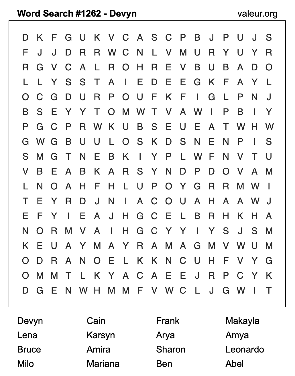 Word Search Puzzle with the name Devyn #1262