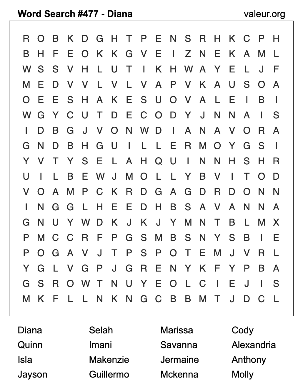 Word Search Puzzle with the name Diana #477
