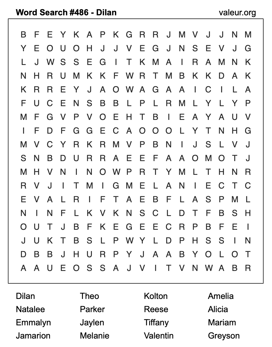 Word Search Puzzle with the name Dilan #486