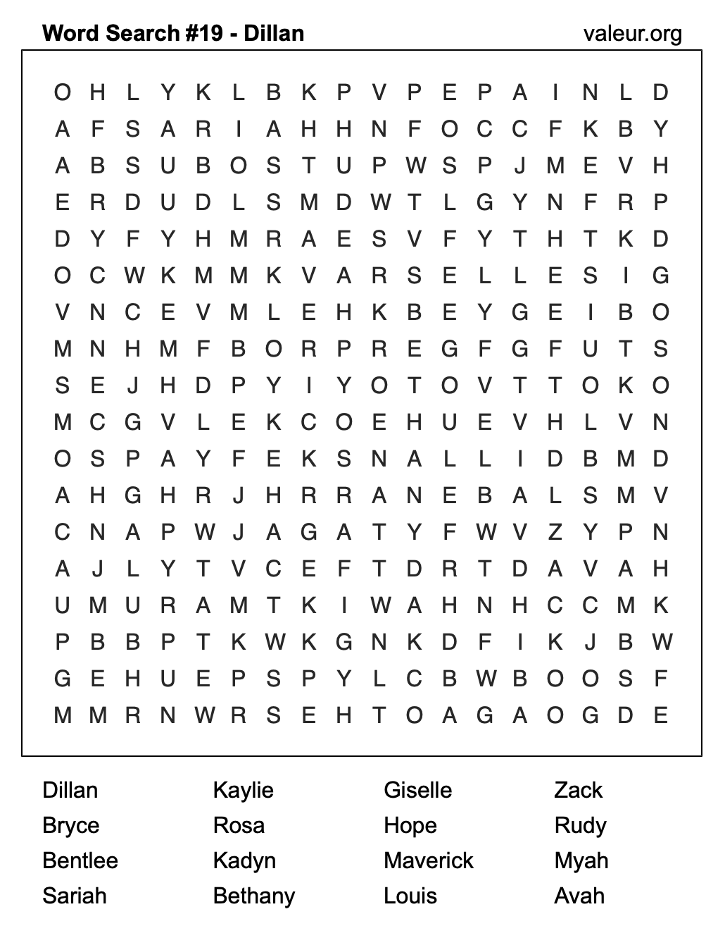 Word Search Puzzle with the name Dillan #19 Word Search Puzzle with the name Dillan #19
