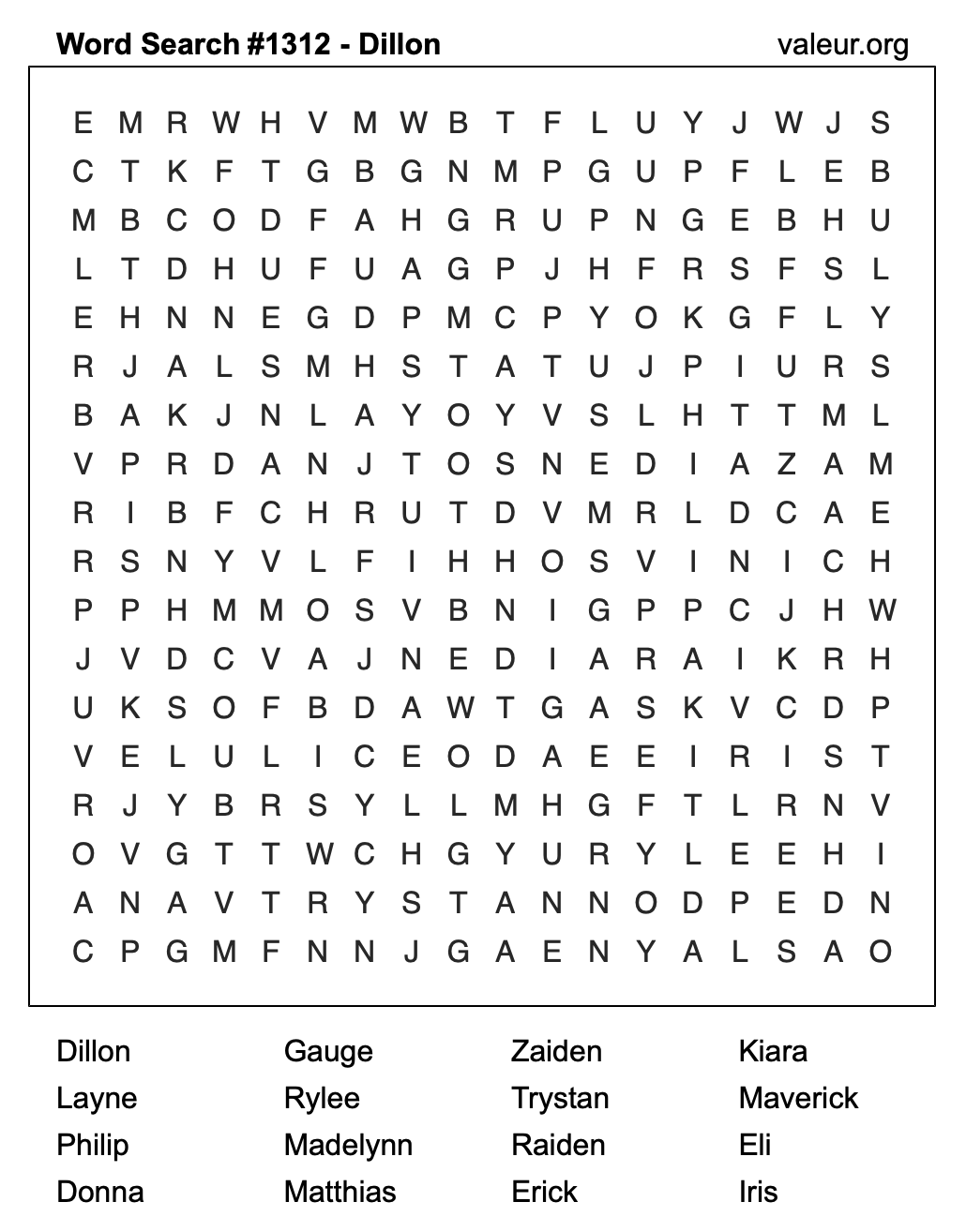 Word Search Puzzle with the name Dillon #1312