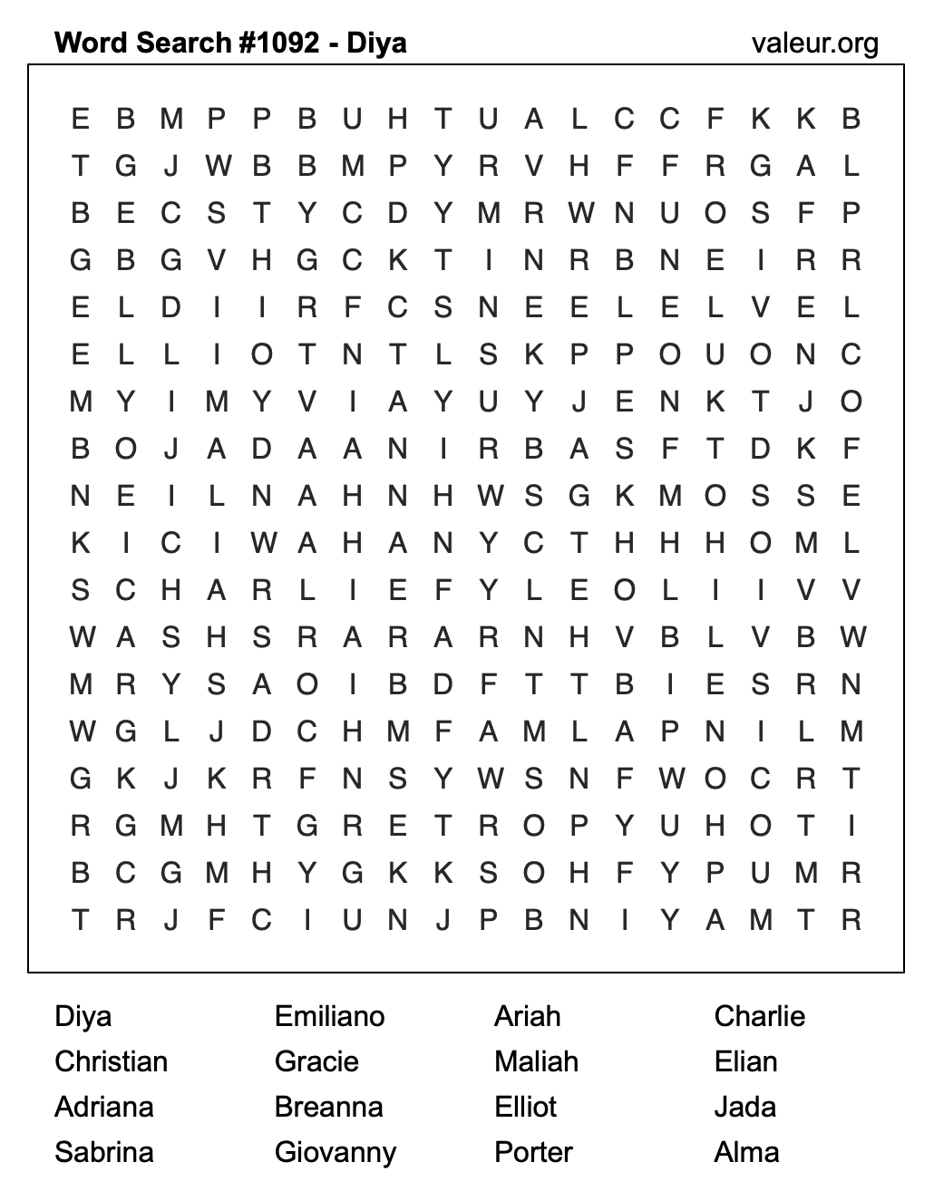Word Search Puzzle with the name Diya #1092 Word Search Puzzle with the name Diya #1092
