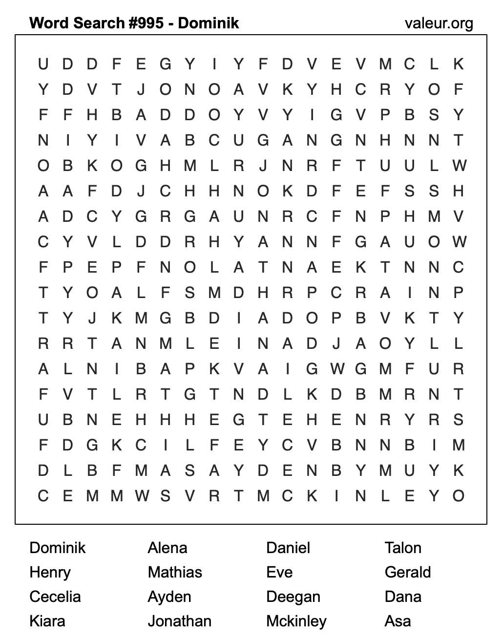Word Search Puzzle with the name Dominik #995