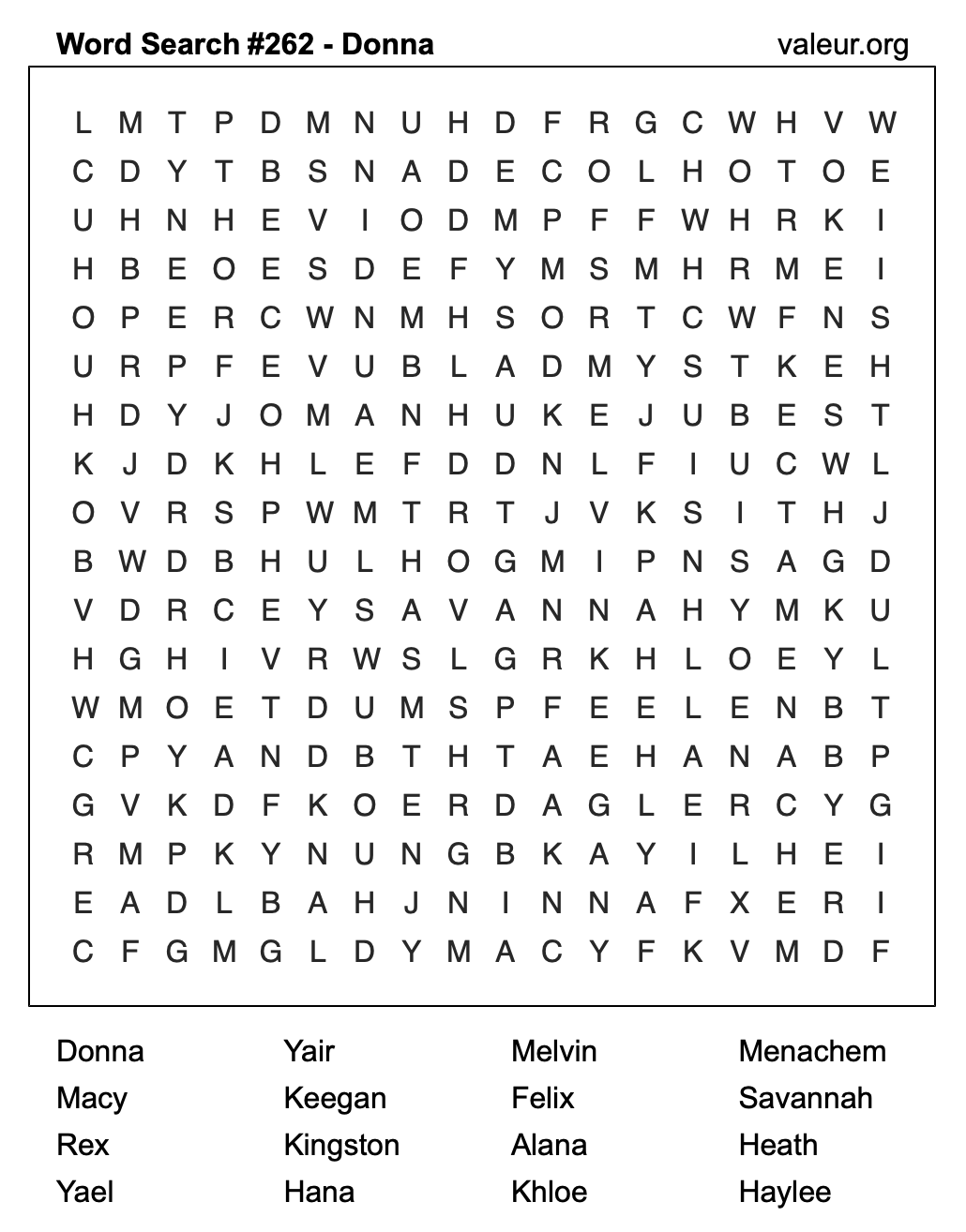 Word Search Puzzle with the name Donna #262