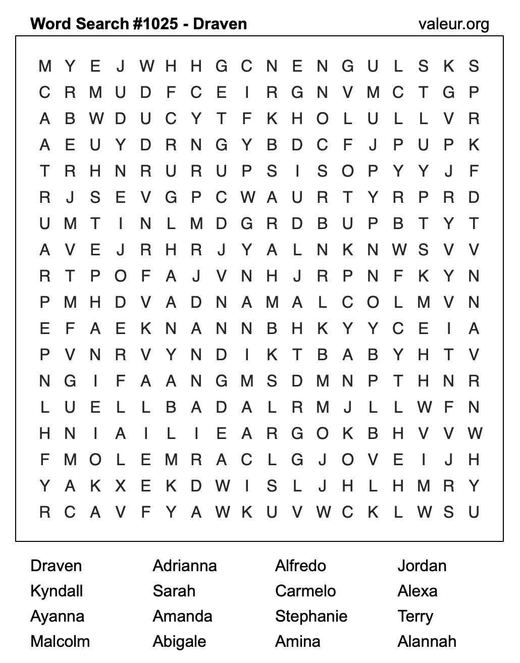 Word Search Puzzle with the name Draven #1025