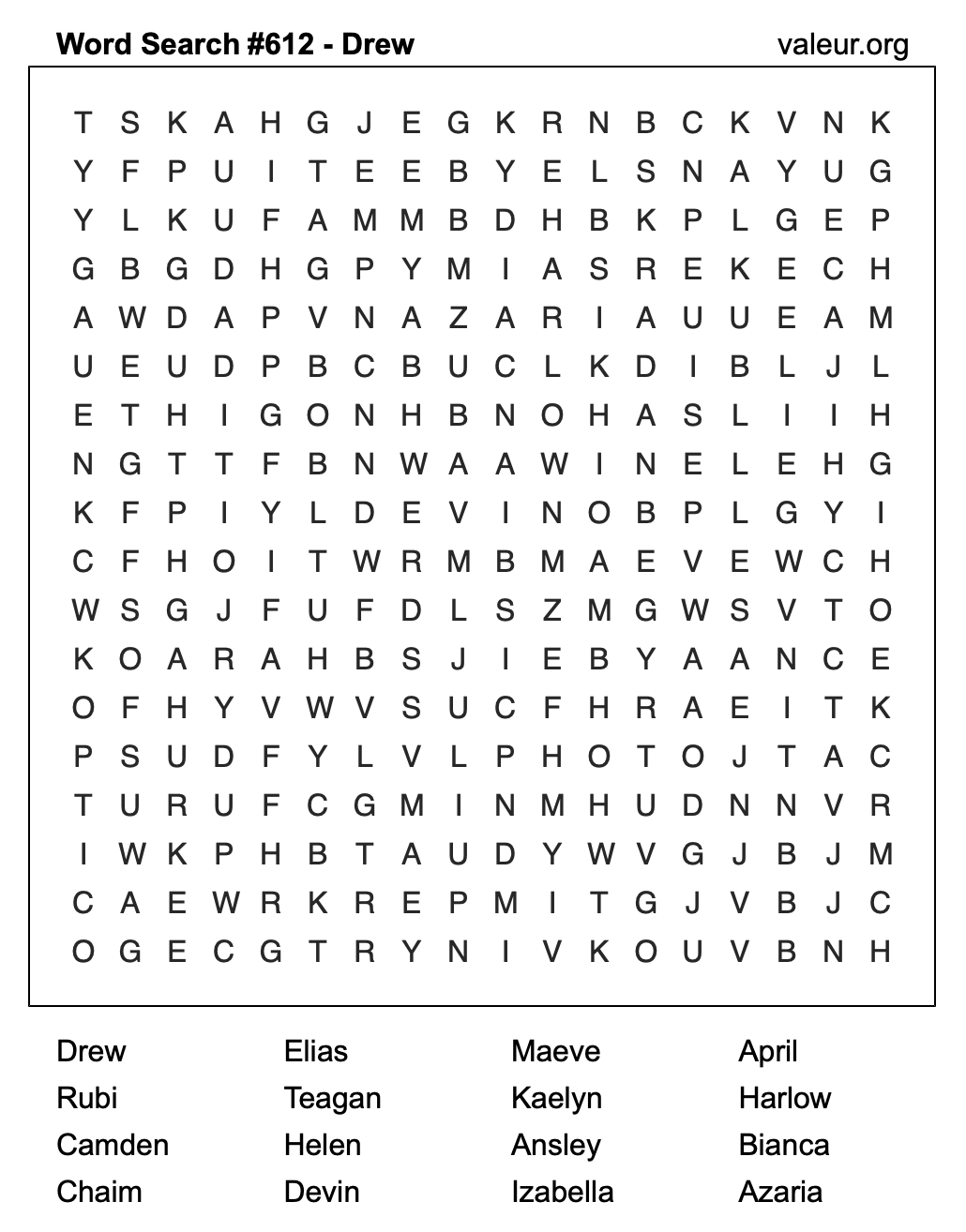 Word Search Puzzle with the name Drew #612 Word Search Puzzle with the name Drew #612