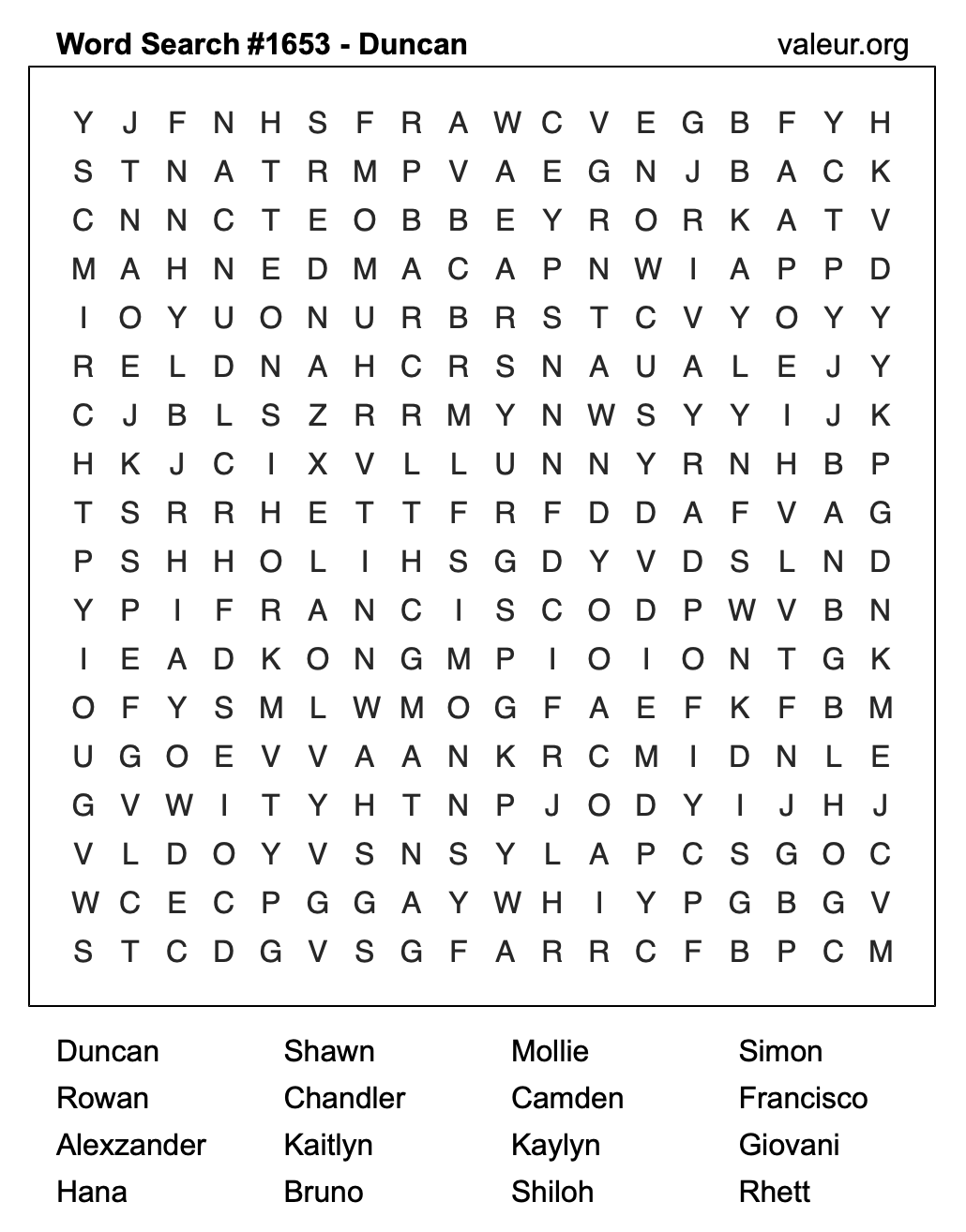 Word Search Puzzle with the name Duncan #1653 Word Search Puzzle with the name Duncan #1653