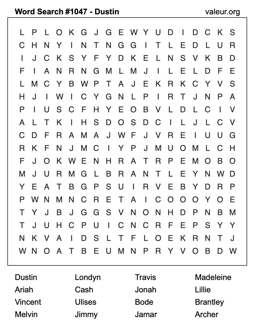 Word Search Puzzle with the name Dustin #1047