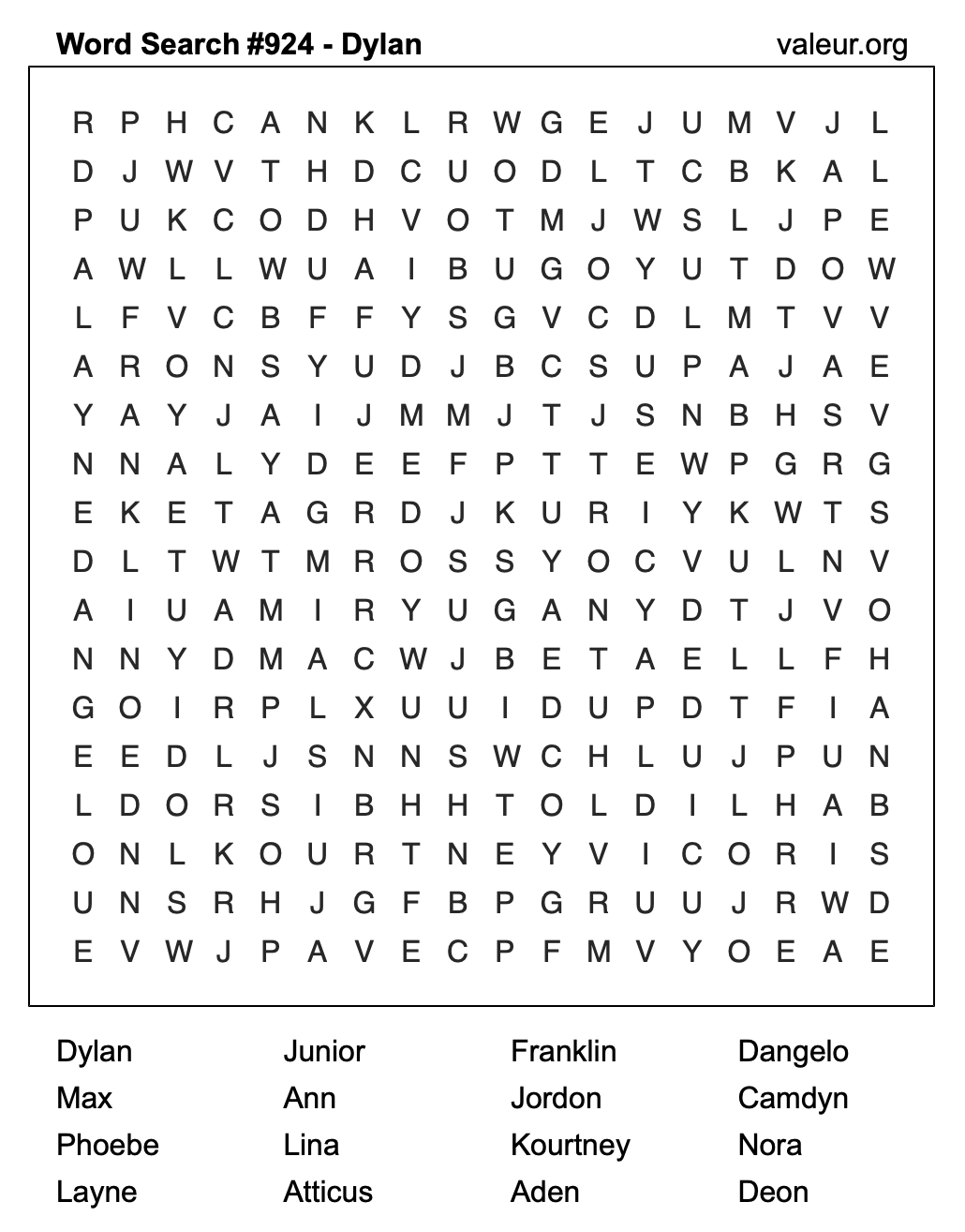 Word Search Puzzle with the name Dylan #924