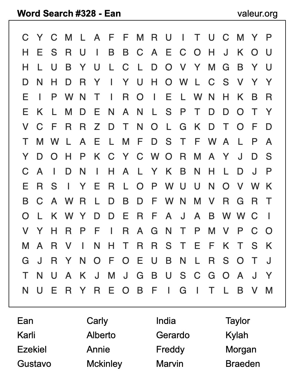 Word Search Puzzle with the name Ean #328