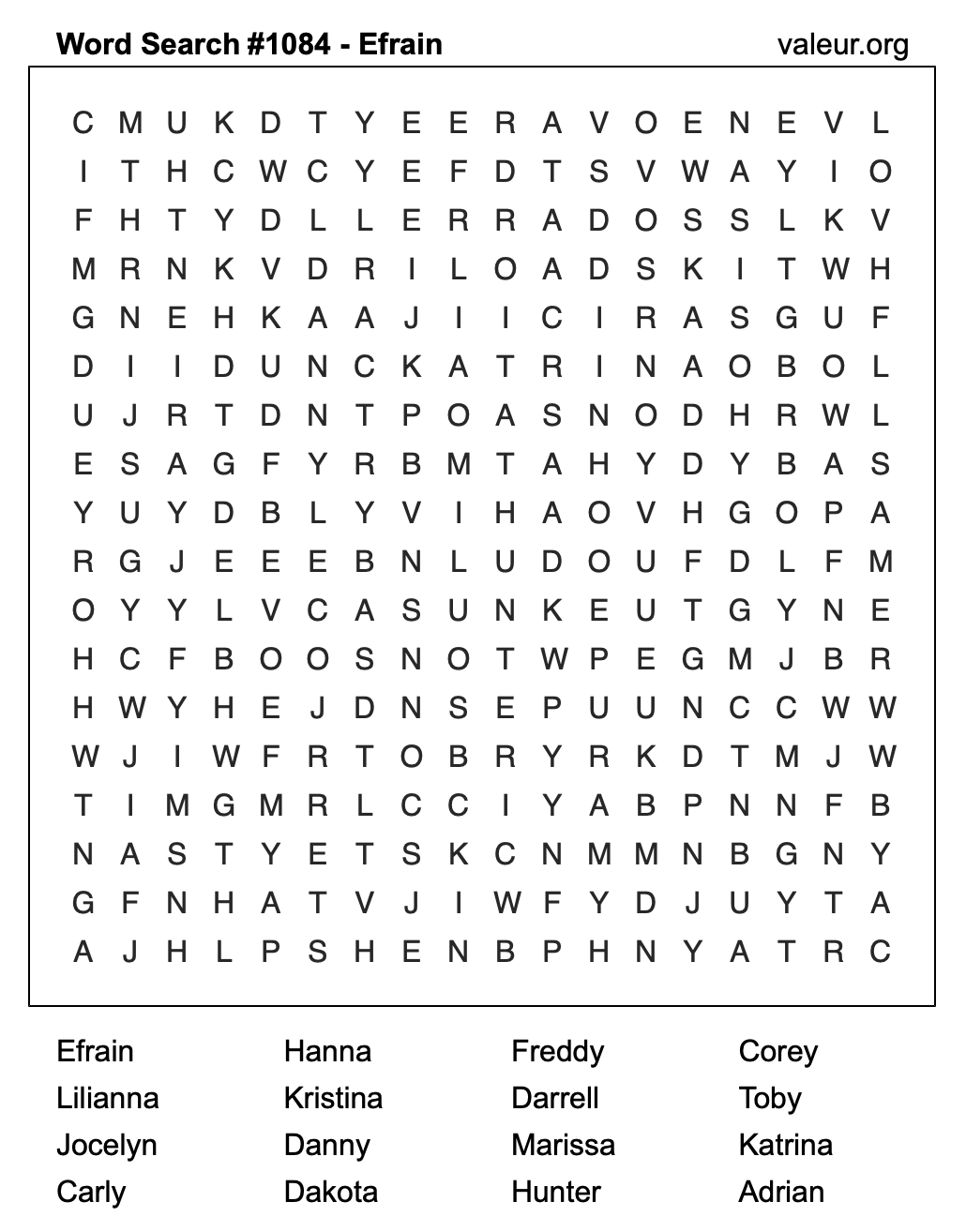 Word Search Puzzle with the name Efrain #1084