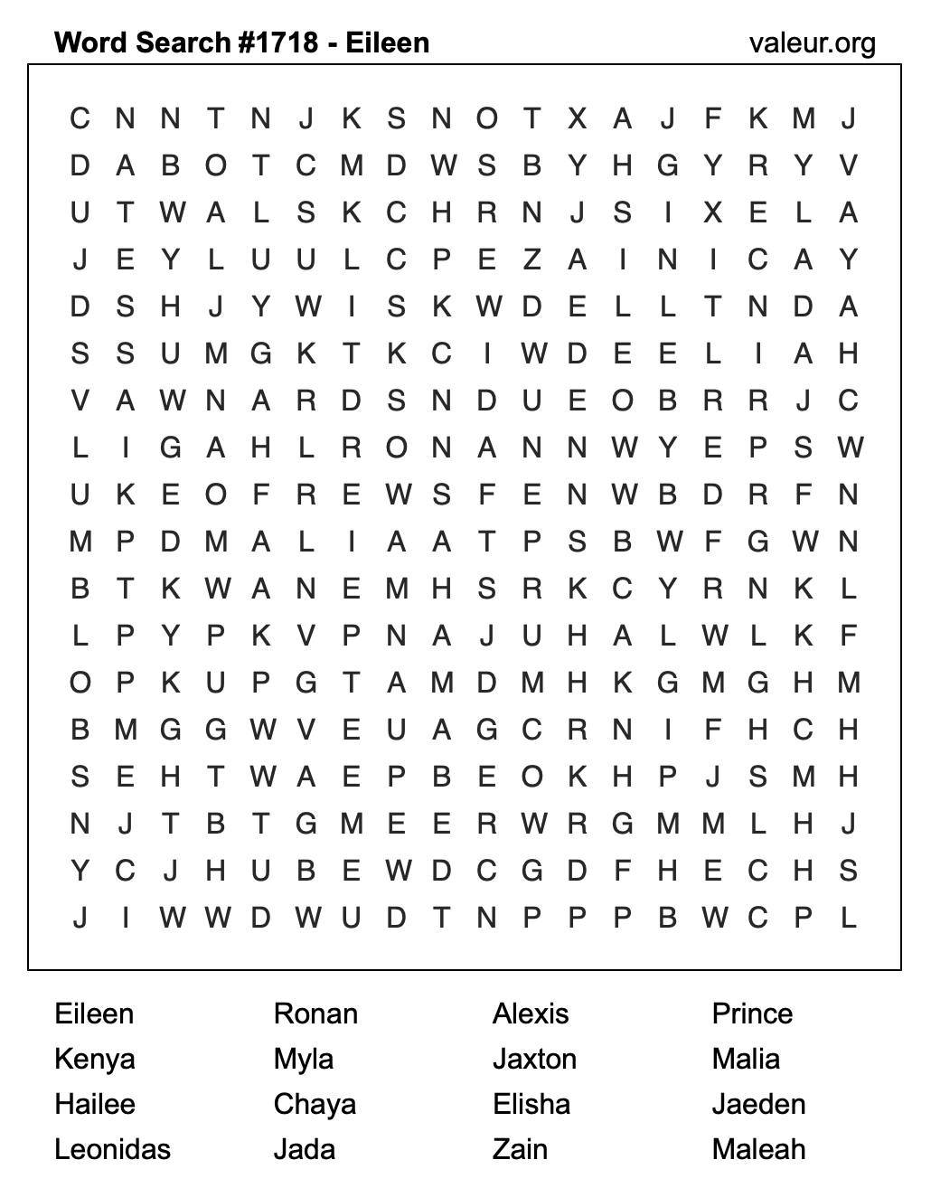 Word Search Puzzle with the name Eileen #1718