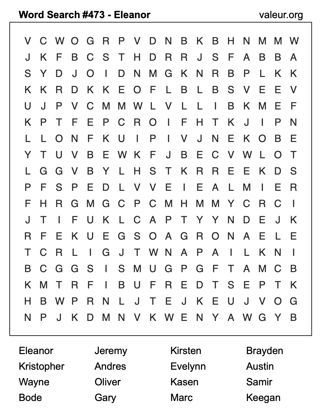 Word Search Puzzle with the name Eleanor #473 Word Search Puzzle with the name Eleanor #473
