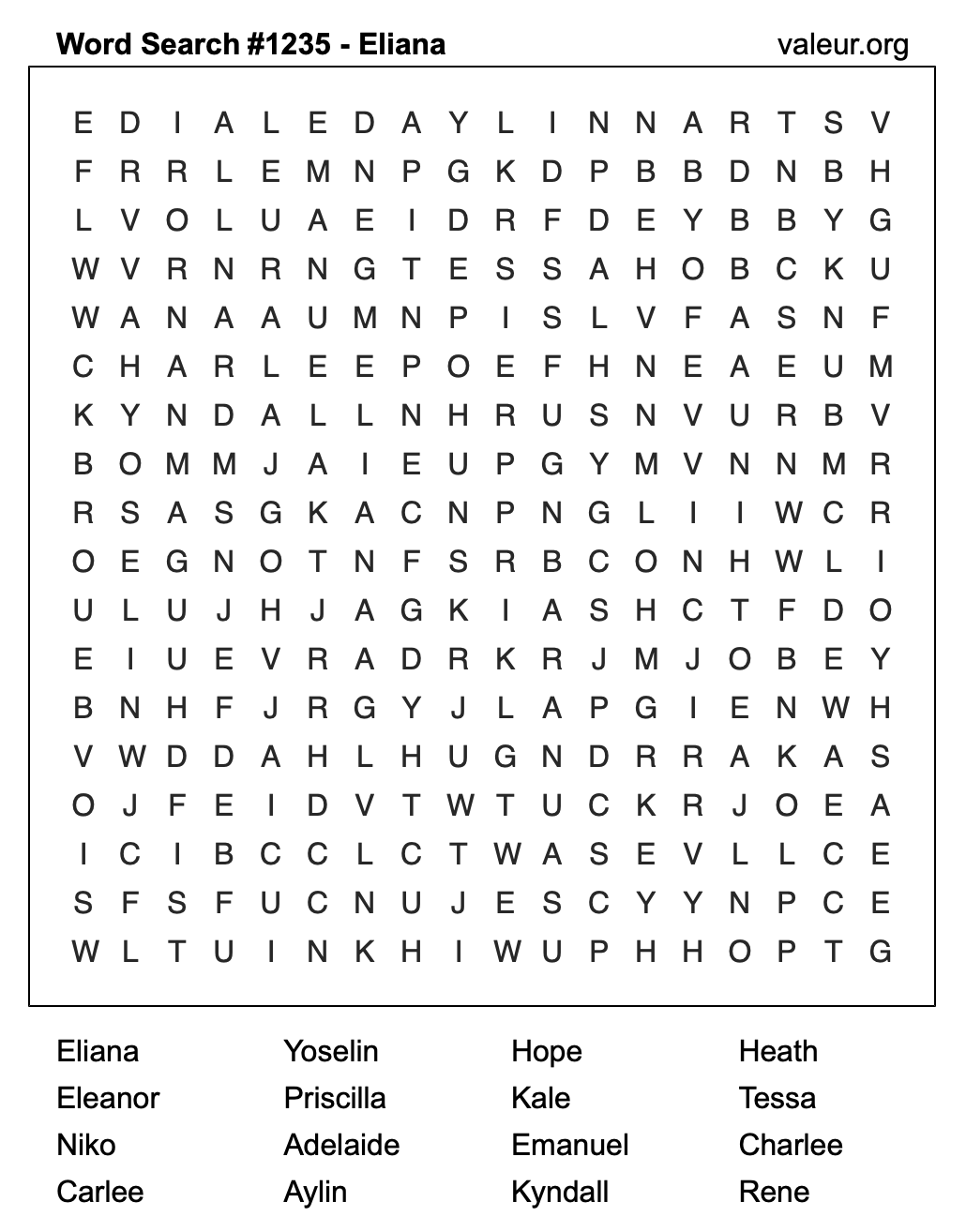 Word Search Puzzle with the name Eliana #1235 Word Search Puzzle with the name Eliana #1235