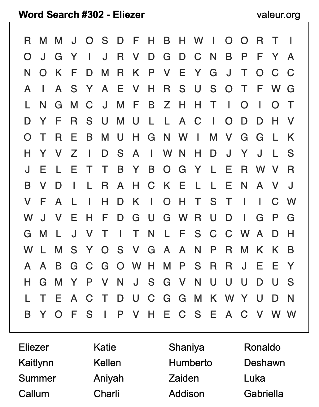 Word Search Puzzle with the name Eliezer #302