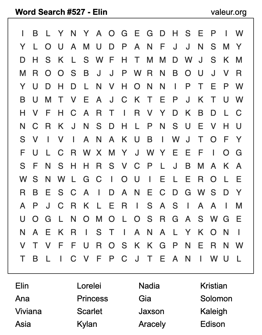 Word Search Puzzle with the name Elin #527