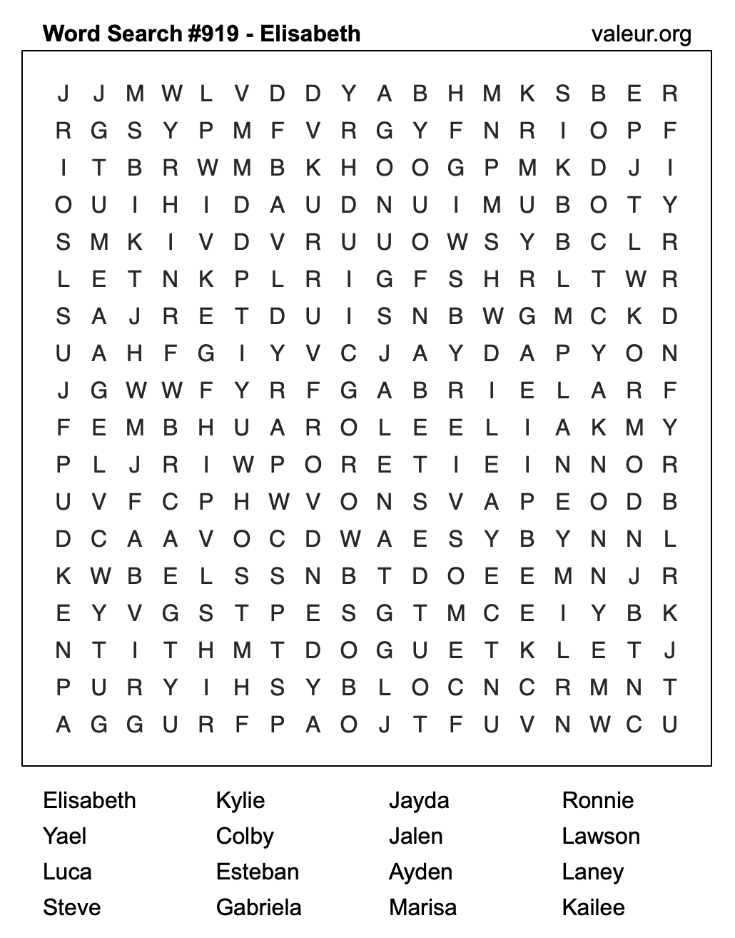 Word Search Puzzle with the name Elisabeth #919 Word Search Puzzle with the name Elisabeth #919